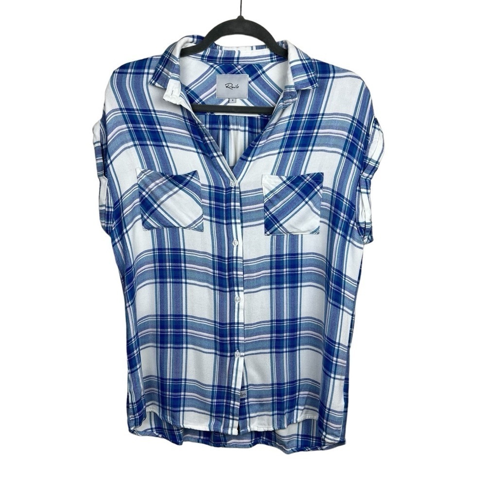 Rails Britt Cap Sleeve Plaid Button Down Shirt White/Blue/Lilac S Rayon - Picture 2 of 6